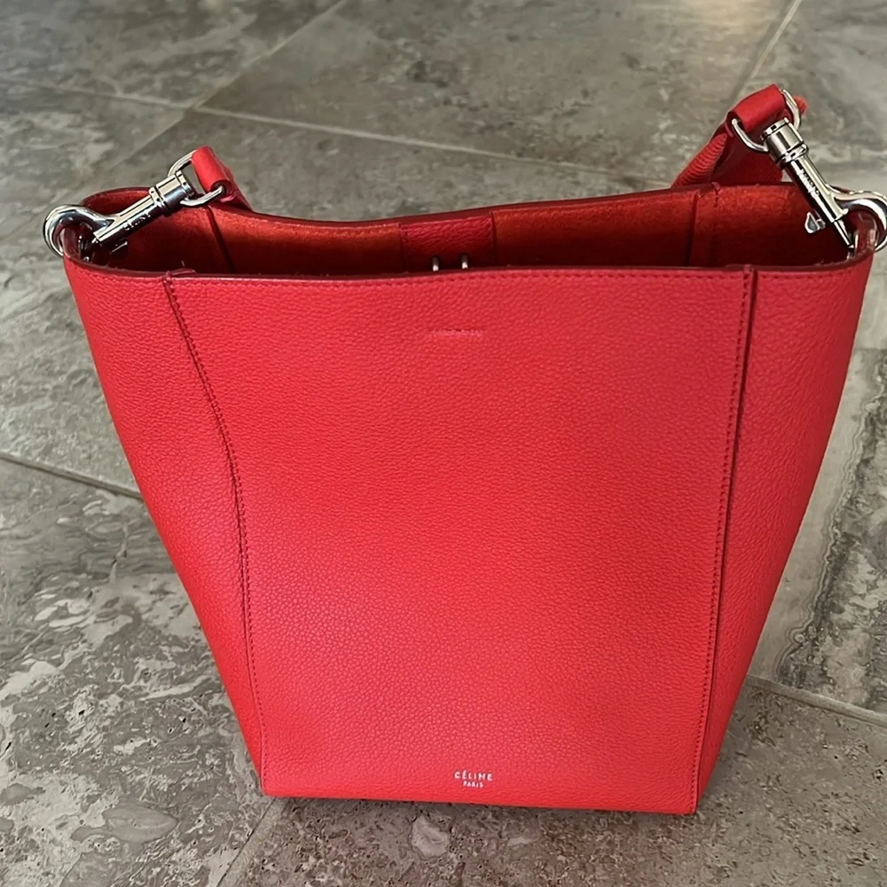 Celine Sangle Small Bucket Bag, Small Grain Calfskin, Red, Like New - Picture 5 of 15